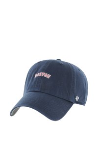 Navy blue cotton baseball cap with red "BOSTON" embroidered on the front and a small white logo on the side. Curved brim, adjustable strap.