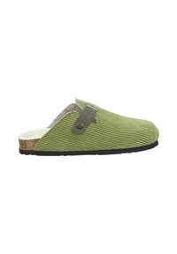 Green corduroy slipper with a fuzzy lining, a brown cork base, and a decorative button accent. Open back for easy wear.
