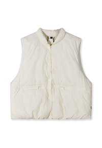 Gepolsterte ärmellose Weste in Creme mit dezentem Muster, vorderen Knöpfen und zwei Taschen. Leichter Stoff mit glatter Textur.