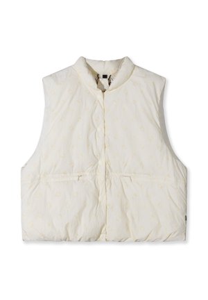 Gepolsterte ärmellose Weste in Creme mit dezentem Muster, vorderen Knöpfen und zwei Taschen. Leichter Stoff mit glatter Textur.