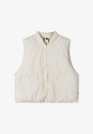 Gepolsterte ärmellose Weste in Creme mit dezentem Muster, vorderen Knöpfen und zwei Taschen. Leichter Stoff mit glatter Textur.