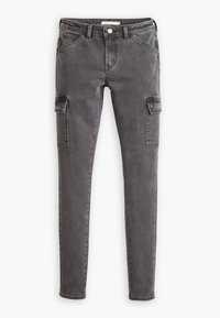 Jeans cargo en denim gris oscuro. Presenta dos bolsillos laterales, un diseño clásico de cinco bolsillos y una silueta ajustada. Textura suave, costura simple.
