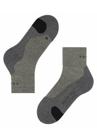 Calze di lana grigie con tallone e punta rinforzati neri, presentano una texture a costine e il marchio 'FALKE TK2'. Design alla caviglia.
