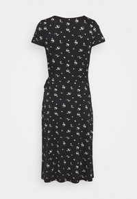 Svart klänning med korta ärmar, blommönster i vitt, figurnära midja och en utsvängd kjol. Mjukt tyg med lätt stretch.