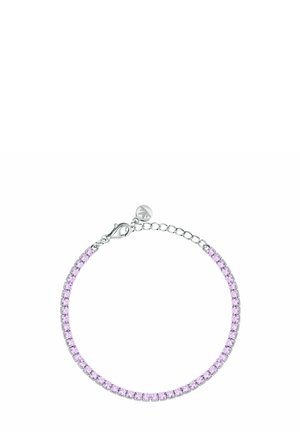 Braccialetto in argento con una fila di piccoli gioielli rotondi rosa e una chiusura a catena regolabile con un piccolo charm rotondo.