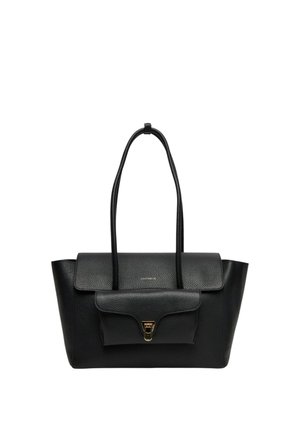 Sac à main en cuir noir avec un design structuré, doté d'un rabat avant et d'une petite poche fermée par un fermoir en or. Poignées doubles en cuir.