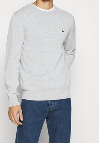 Grauer Pullover mit Rundhalsausschnitt aus weichem Stoff, mit kleinem grünem Logo auf der Brust sowie gerippten Bündchen und Saum. Ergänzt durch blaue Jeans.