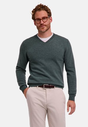 Hombre con cabello rizado y gafas, vistiendo un suéter de cuello en V verde oscuro sobre una camisa blanca y pantalones beige con un cinturón marrón, de pie con una mano en el bolsillo.