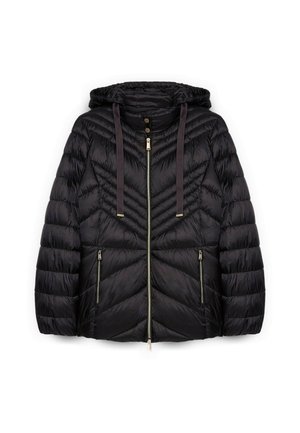 Chaqueta acolchada negra con capucha, cierre frontal, dos bolsillos laterales con cremallera y capucha con cordones ajustables con puntas metálicas.