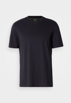 T-shirt in cotone nero con scollo girocollo, maniche corte e un sottile logo del marchio verde all'interno del collo. Tessuto liscio, forma aderente.