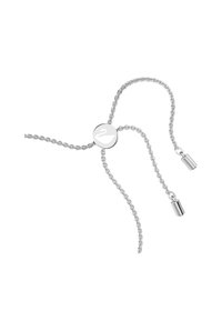 Srebrna zapestnica s središnjim okroglim obeskom, ki vsebuje dizajn laboda, nastavljiva dolžina z gladkimi cilindričnimi konci.