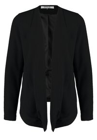 Černý blazer s otevřeným předním dílem, dlouhými rukávy a bez zapínání. Má hladkou texturu a mírně zakřivený lem.
