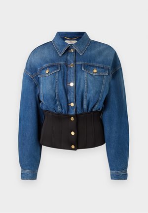 Jeansjacka med långa ärmar och guldknappar. Har en svart korsettliknande midja med vertikal sömnad och knappar.