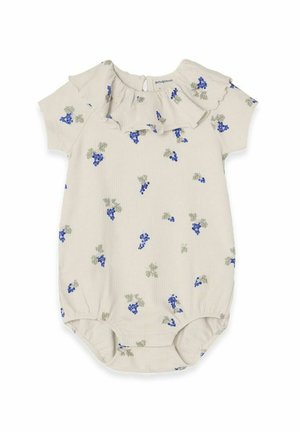 Kortærmet baby romper i en lys beige stof med ribbet tekstur, der har en flæsekrave og et blomstermønster af blå druer og grønne blade.