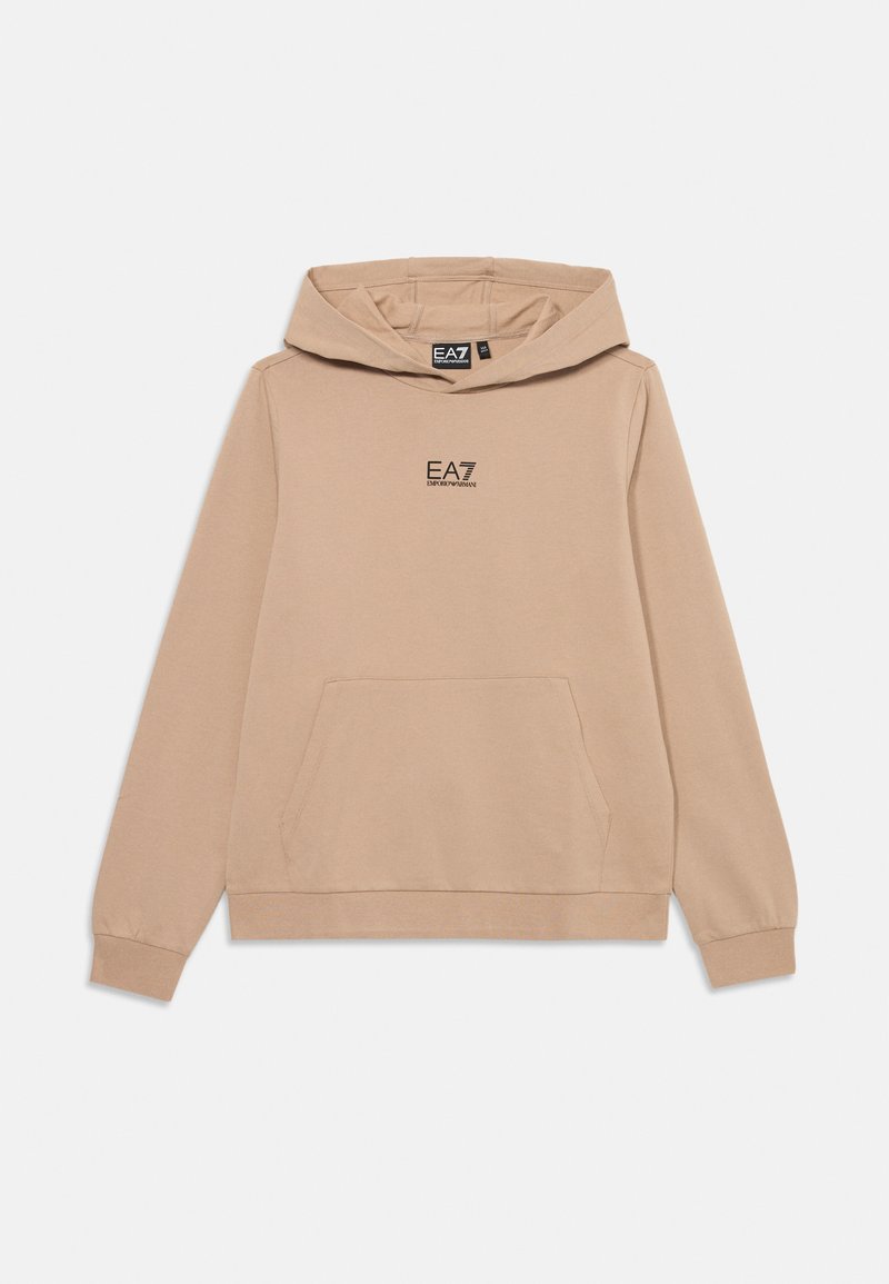 Felpa beige con cappuccio, tasca a marsupio frontale e piccolo logo EA7 Emporio Armani nero centrato sul petto.