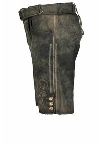 Braune Lederhosen mit dekorativen Nähten und floralem Stickerei, ausgestattet mit einer Seitentasche, Knopfverschluss und einem Gürtelschlaufen an der Taille.