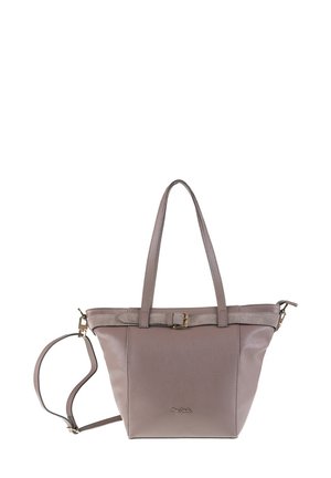 Sac fourre-tout en cuir gris avec doubles poignées, sangle d'épaule réglable et détail de boucle sur le dessus. Présente une texture lisse et un design minimaliste.