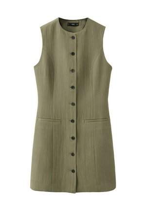 Robe sans manches vert olive à boutons, avec un col rond et deux poches fendues à l'avant, confectionnée en tissu texturé.