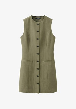 Bezruké olivově zelené šaty na knoflíky s kulatým výstřihem a dvěma předními kapsami s rozparky, vyrobené z texturované látky.