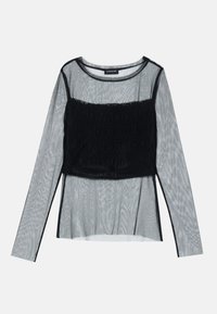 Svart mesh langermet topp med en tilpasset rynket bodice med teksturert overflate, rund halslinje og transparente ermer.