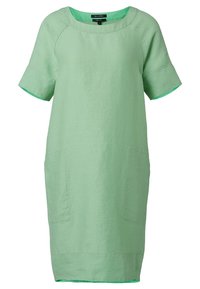 Leinenkleid in Hellgrün mit kurzen Ärmeln, vorderen Taschen und einem kontrastierenden dunkelgrünen Saum. Einfaches, gerades Design.