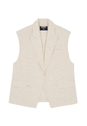 Beige ærmeløs blazer med brede revers, enkelt knaplukning og forlommer med klap, mærket WRSTBHVR Studio.