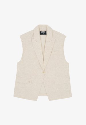 Beige sleeveless blazer with wide lapels, single button closure, and front flap pockets, labeled WRSTBHVR Studio.