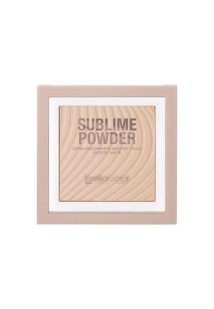 Compatto di cipria pressata con polvere beige, caratterizzato da swirl texturizzati. Cassa beige chiaro con accenti bianchi e marchio stampato sul coperchio.