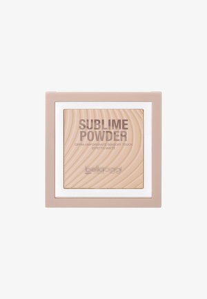 Compatto di cipria pressata con polvere beige, caratterizzato da swirl texturizzati. Cassa beige chiaro con accenti bianchi e marchio stampato sul coperchio.