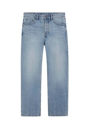 Lichtblauwe denim jeans met een rechte pijp, voorzien van een klassieke vijfzakkenstijl, knoopsluiting en subtiele vervagingen over het geheel.