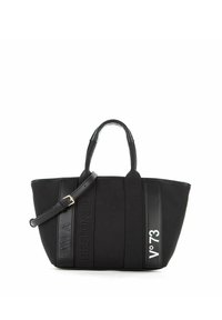 Borsa a tracolla nera in tela con doppi manici e tracolla regolabile. Presenta un testo in rilievo con la scritta "IO SONO UN RESPONSABILE" e "V73" in bianco.