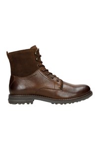 Stivaletto in pelle e suede marrone con cordoncini, punta rotonda, parte superiore testurizzata e suola robusta per un'ottima trazione.