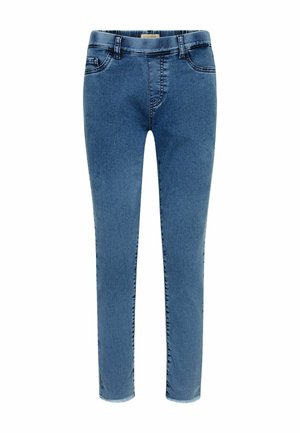 Mėlyni džinsai iš džinsinio audinio, siauro modelio, penkių kišenių dizainas, pašviesintas audinys ir subtilios siuvimo detalės. Kulkšnies ilgio su frėzinto krašto apdaila.