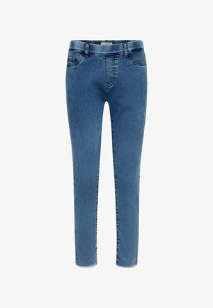 Mėlyni džinsai iš džinsinio audinio, siauro modelio, penkių kišenių dizainas, pašviesintas audinys ir subtilios siuvimo detalės. Kulkšnies ilgio su frėzinto krašto apdaila.