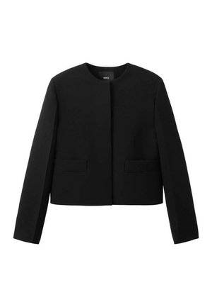 Sort cropped blazer med lange ærmer, rund halsudskæring og to frontlommer, vist på en ensfarvet hvid baggrund.