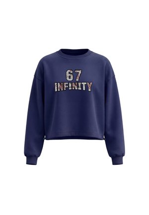 Mørkeblå crewneck sweatshirt med ribstrikkede manchetter og kant, med teksten ""67 INFINITY"" i blomster-mønstret bogstaver foran.