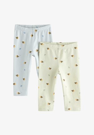 Zwei Paare leichte Leggings, eine hellblau und eine blassgelb, beide mit schwarzen und gelben Bienenmustern und elastischen Taillenbändern.