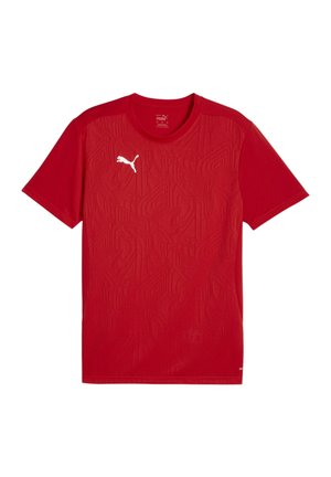 Rode sportieve T-shirt met korte mouwen, voorzien van een gemêleerd patroon, ronde halslijn en witte logo-accent op de linkerborst. Lichtgewicht, ademende stof.