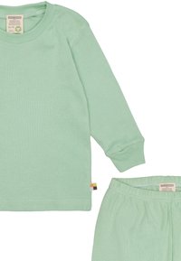 Maglietta a maniche lunghe verde menta e pantaloni abbinati. Materiale in cotone morbido, polsini a coste e vita elastica. Piccolo etichetta multicolore sulla maglietta.