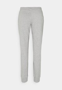 Pantalon de survêtement gris clair avec taille élastique et poignets ajustés aux chevilles, présenté sur fond blanc uni.