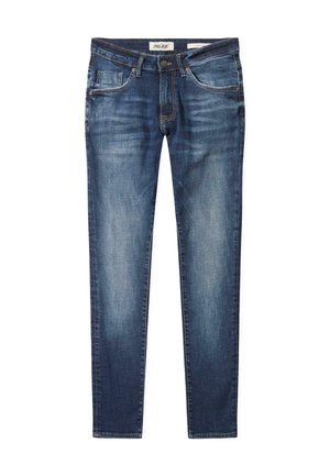 Slim-fit ciemnoniebieskie dżinsy o wyblakłej teksturze, pięć kieszeni i subtelne detale przeszycia. Wykonane z denimu o klasycznym prostym kroju nogawki.