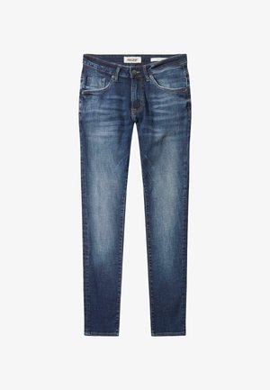 Karcsú szabású, sötétkék farmernadrág, melyen elhalványult textúra található, öt zsebbel és finom varrási részletekkel. Klasszikus egyenes lábbetéttel készült farmeranyagból.