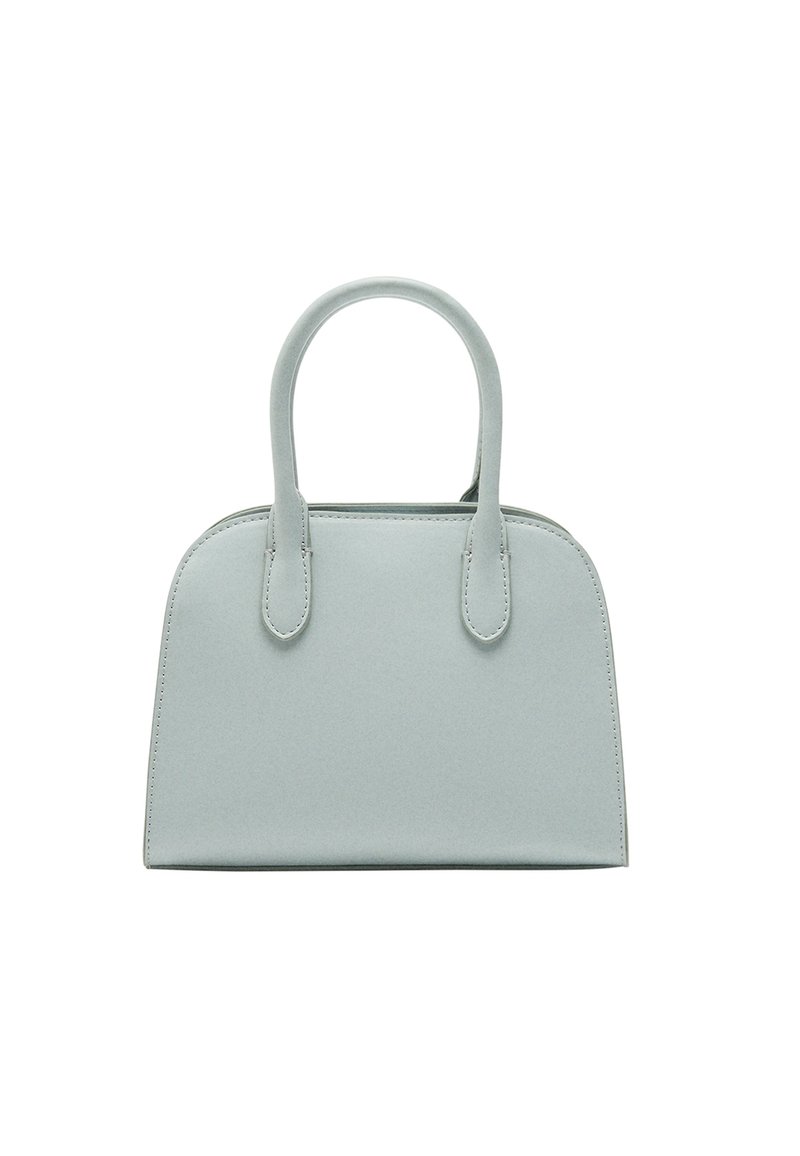 Jasnoniebieska torebka na ramię z zaokrąglonym dnem, podwójnymi krótkimi uchwytami, gładką powierzchnią i minimalistycznym stylem. Bez widocznych elementów metalowych i wzorów.