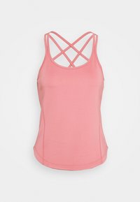 Pink tank top featuring crossed straps at the back, made from soft, stretchy fabric with a fitted design and smooth texture.