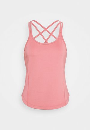 Pink tank top featuring crossed straps at the back, made from soft, stretchy fabric with a fitted design and smooth texture.