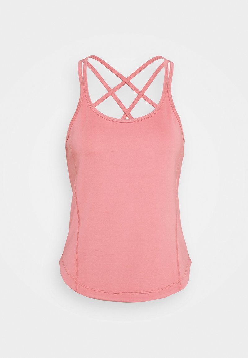 Pink tank top featuring crossed straps at the back, made from soft, stretchy fabric with a fitted design and smooth texture.