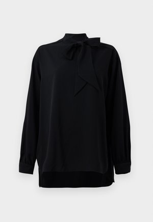 Black blouse with a high collar and bow tie detail. Long sleeves with cuffed ends. Made from smooth fabric with a relaxed fit.