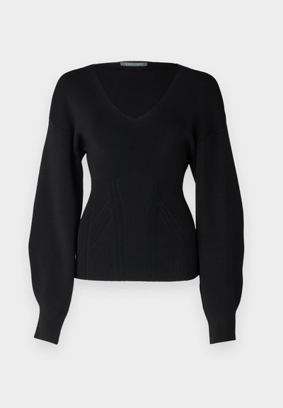 Black knitted sweater with a V-neck, long sleeves, and ribbed texture. Features vertical patterns on the torso and fitted waist section.