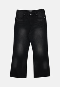 Jeans de tiro alto de mezclilla de pernera ancha en color negro, con dos bolsillos frontales, un leve desgastado y un cierre de botón en la cintura.