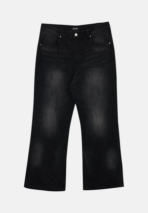 Jeans neri a gamba larga in denim, con due tasche frontali, lievi sbiadimenti e chiusura a bottone in vita.